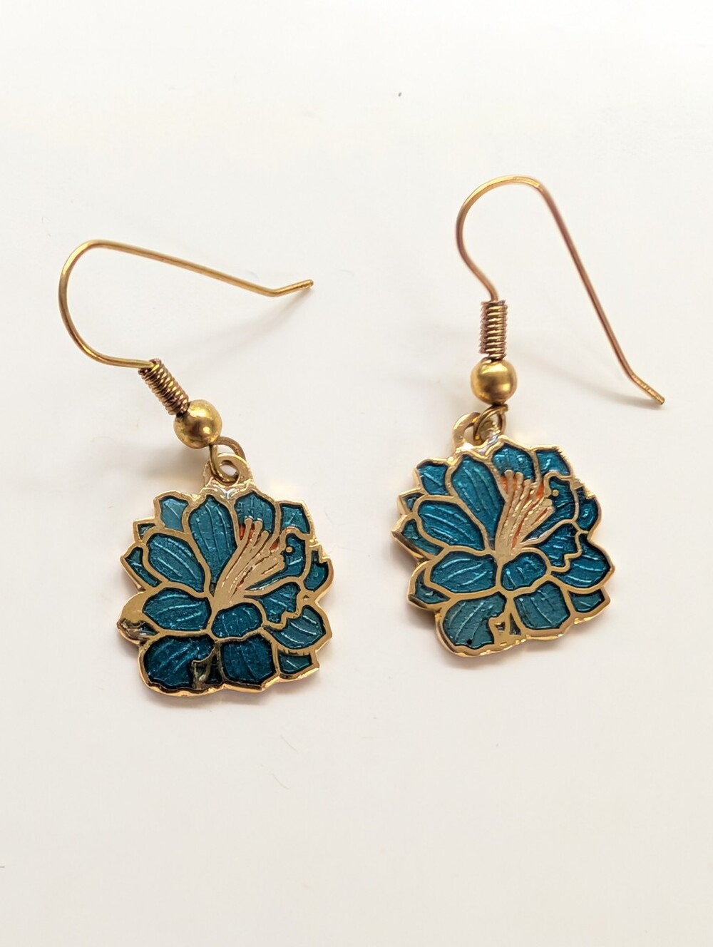Vintage Enamel Gold Tone Blue Enamel Lotus Flower Dangle Hook Earrings
